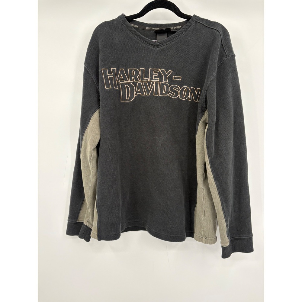 Harley Davidson Long Sleeve Thermal Shirt Men's Size L Black Gray V-Neck